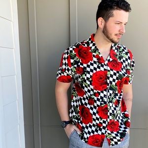 Black, White & Red Rose Print Button Down Shirt